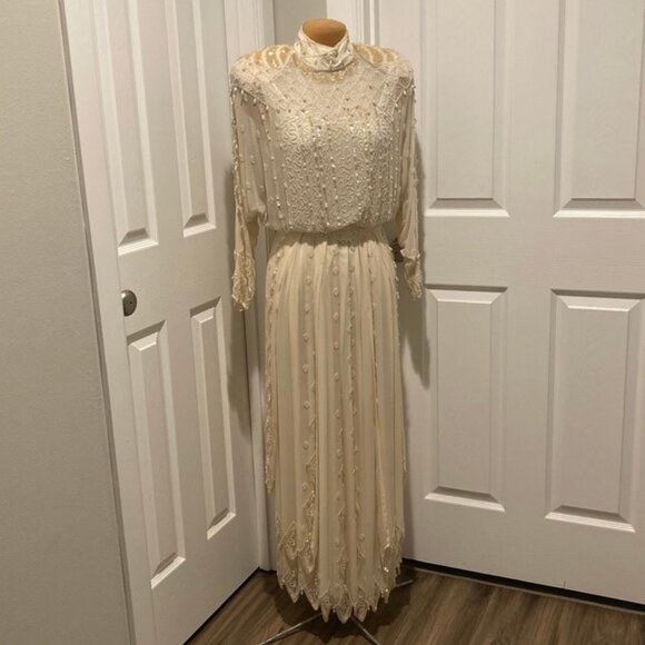 Lillie Rubin Stunning Vintage Cream Silk Beaded & Sequined Evening Dress Size 6 - Picture 1 of 14